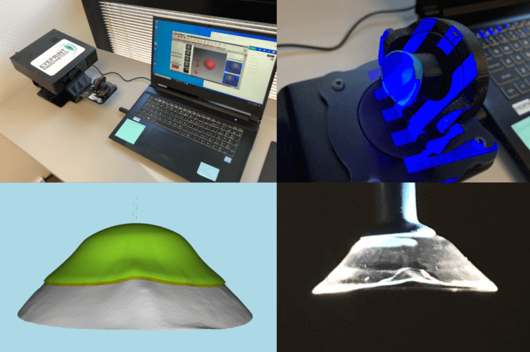 An impression being 3D scanned, a model lens derived, and a custom scleral lens manufactured.