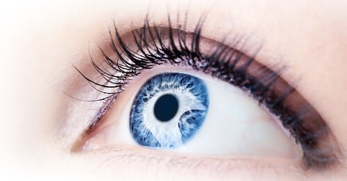 Close up of woman's blue eye looking up